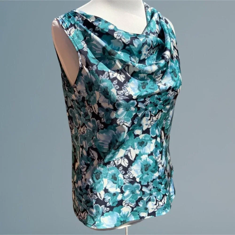 Ann Taylor Loft petite turquoise sleeveless cowl neck floral spandex blouse PS - Picture 10 of 10
